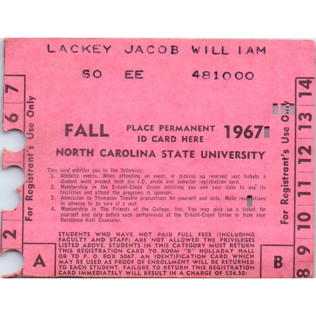 1967 Fall North Carolina State University Registration Stamped Card AF1