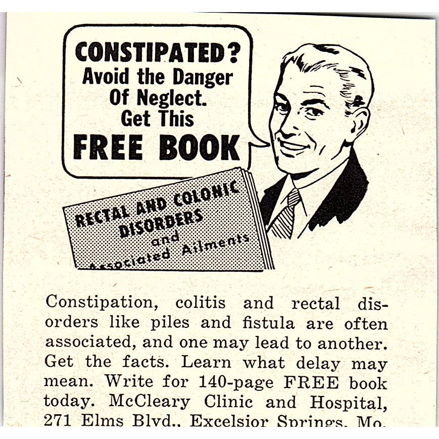 Constipation Treatment - McCleary Clinic Excelsior Springs MO 1955 Ad AF9-M3