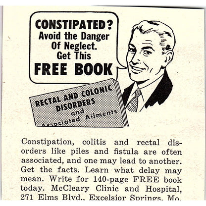 Constipation Treatment - McCleary Clinic Excelsior Springs MO 1955 Ad AF9-M3