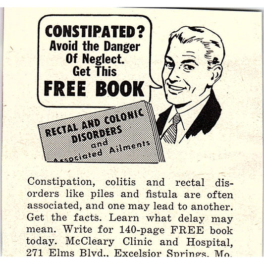 Constipation Treatment - McCleary Clinic Excelsior Springs MO 1955 Ad AF9-M3