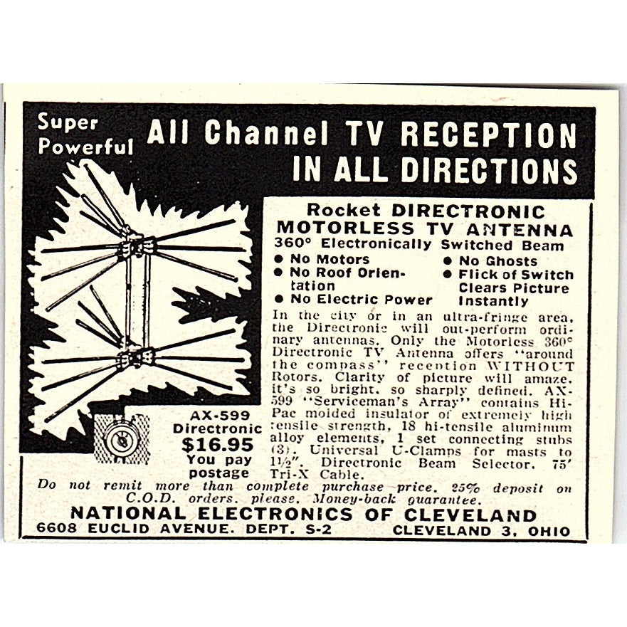 Rocket Directronic TV Antenna National Electronics of Cleveland 1955 Ad AF9-S5