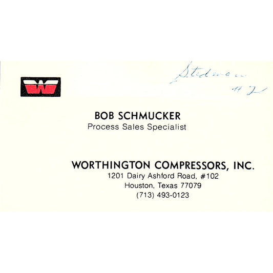 Worthington Compressors, Inc. Bob Schmucker Houston TX Business Card SSB4-B12