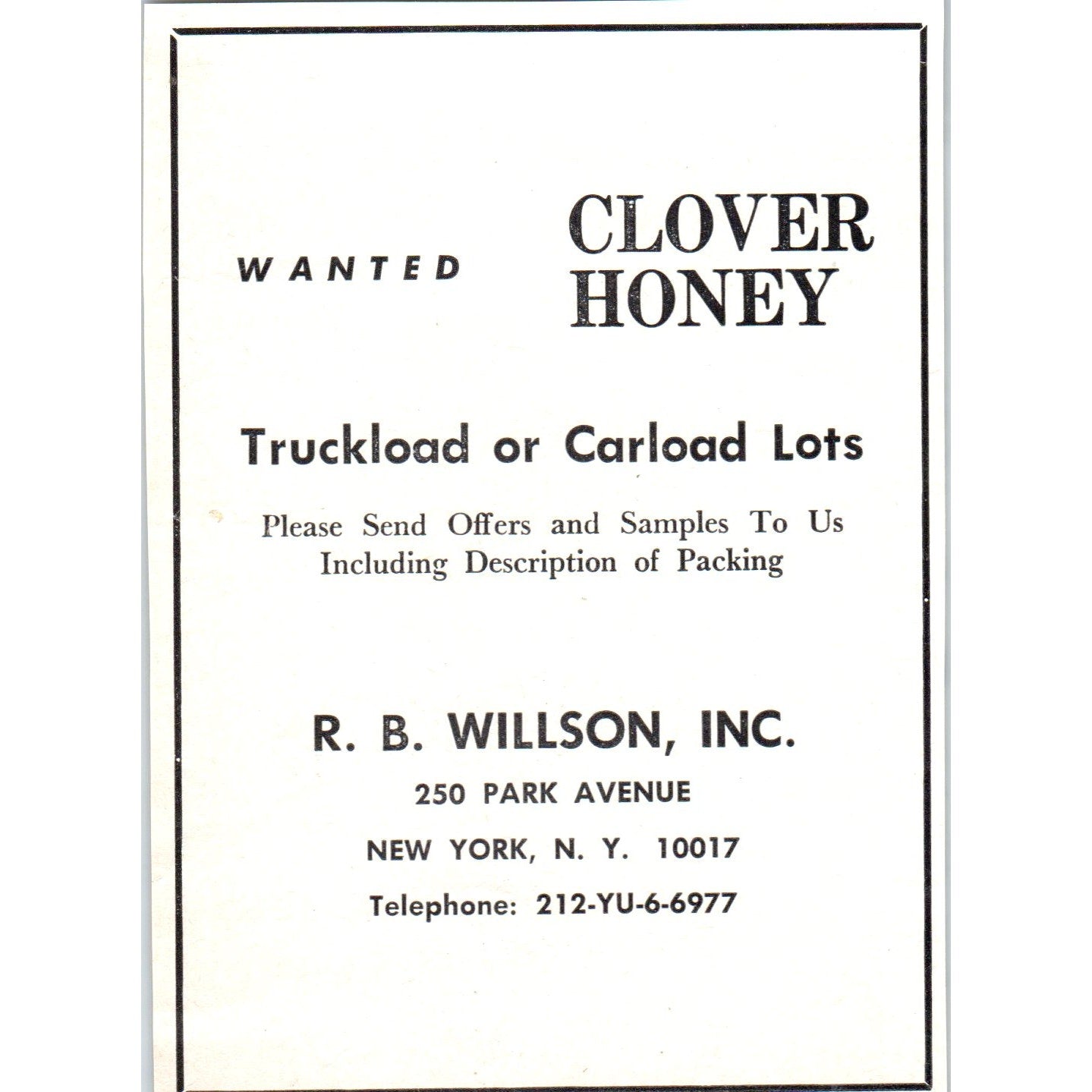 R.B. Willson Clover Honey Park Ave New York 1964 Magazine Ad AB6-LB