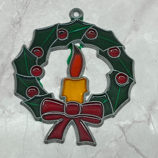 Vintage Stained Glass/Acrylic Suncatcher Christmas Wreath w Candle Ribbon 4" SC1