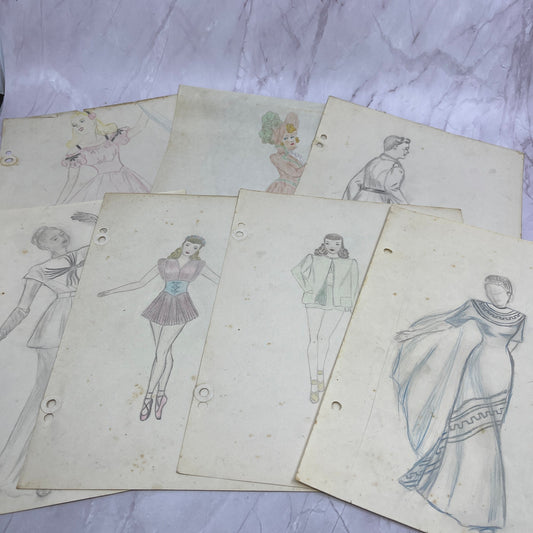 1940s Lot of 7 Art Student 7x10 Fashion Sketches & Studies Winifred Schutsky TC5