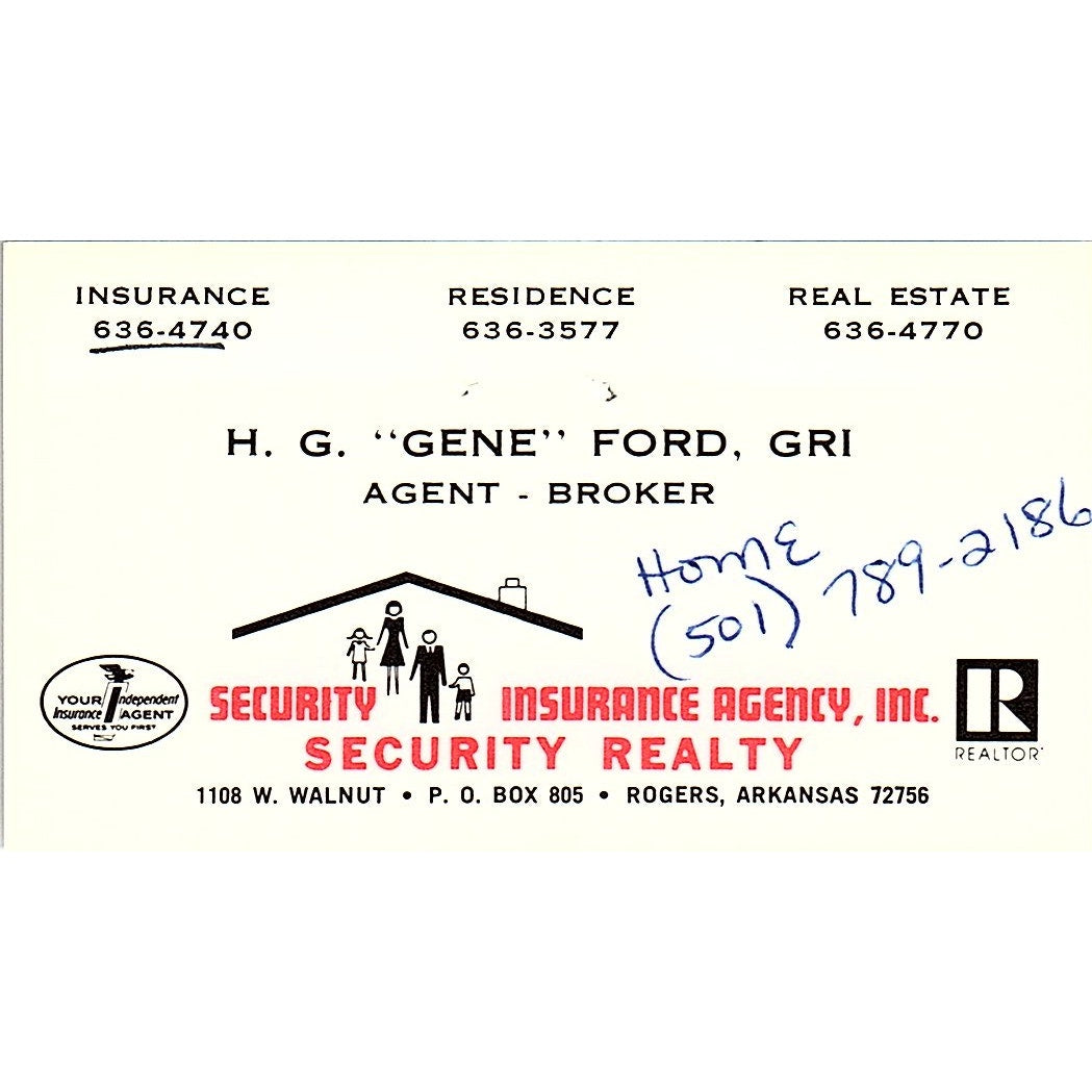 H.G. Gene Ford Security Ins Agency Rogers AR Vintage Business Card SD9-B9
