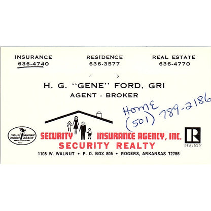 H.G. Gene Ford Security Ins Agency Rogers AR Vintage Business Card SD9-B9