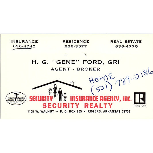 H.G. Gene Ford Security Ins Agency Rogers AR Vintage Business Card SD9-B9