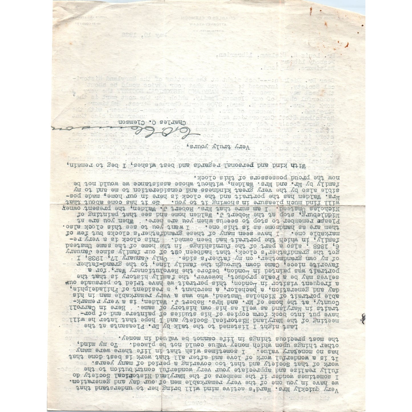 1938 Charles O. Clemson Attorney Westminster MD - Louis H. Dielman D18