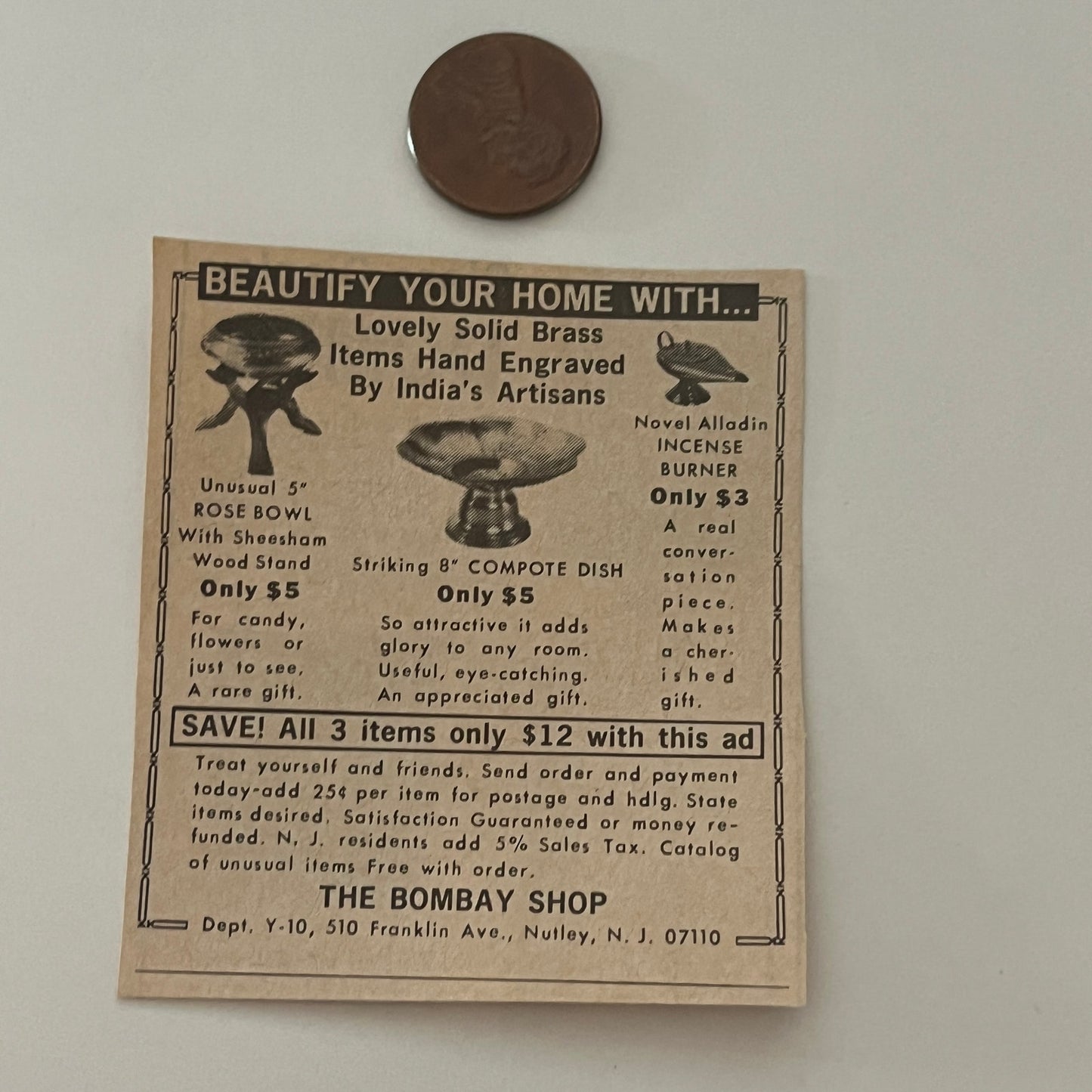 The Bombay Shop Rose Bowl Incense Burner Nutley NJ 1971 Magazine Ad SAG4-S15