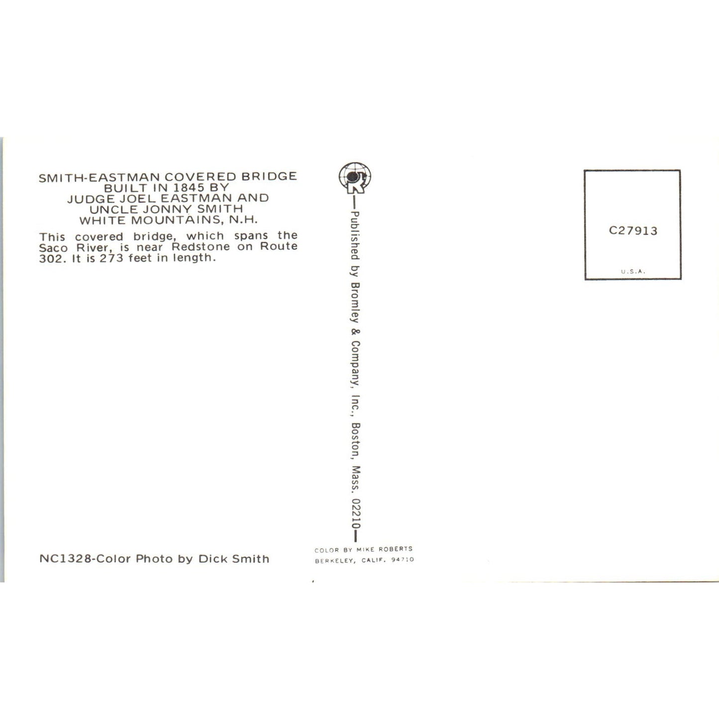 Smith-Eastman Bridge White Mountains New Hampshire Covered Bridge Postcard PC3