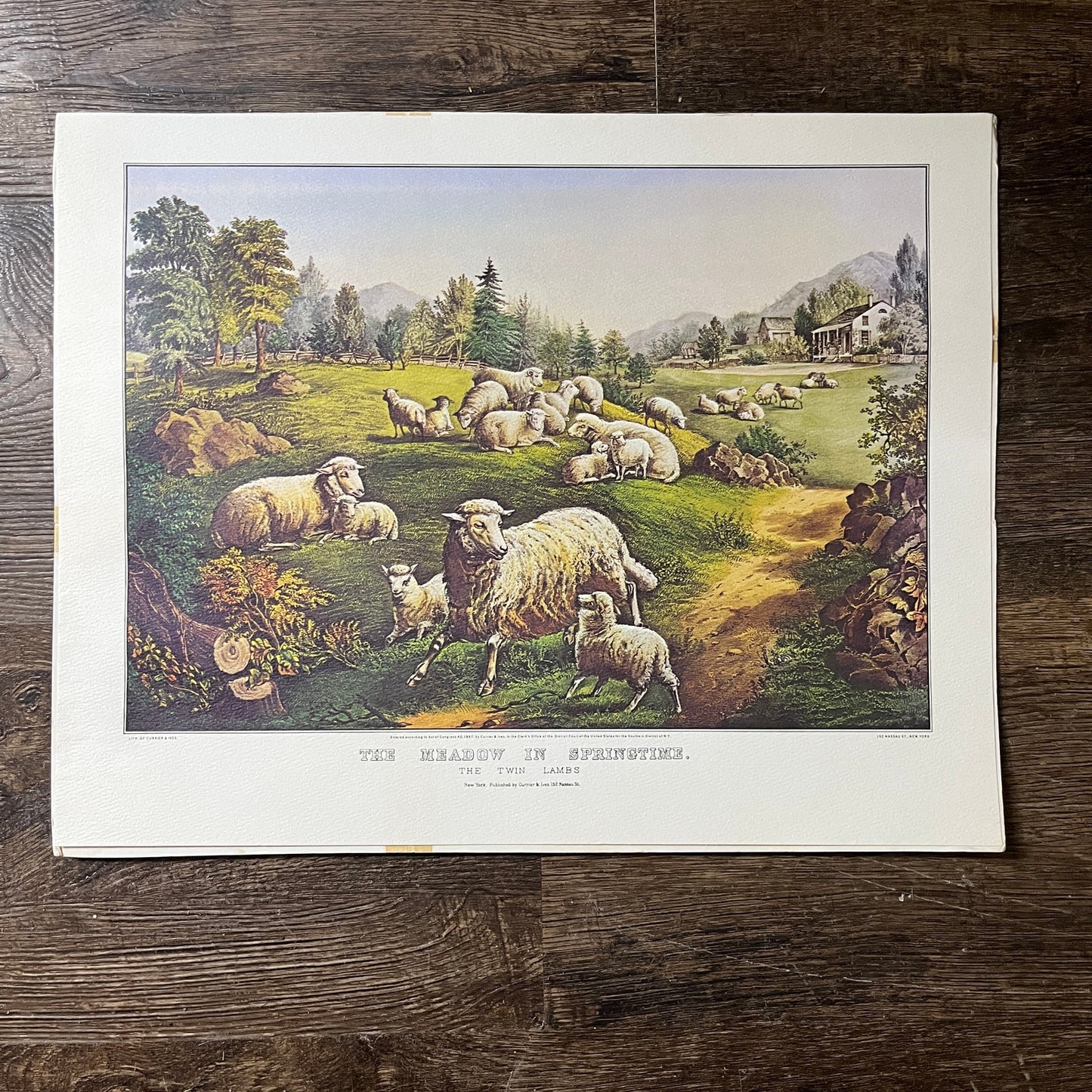 The Meadow in Springtime The Twin Lambs Currier & Ives Lithograph 12x16 V7