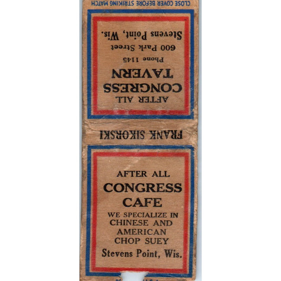 After All Congress Tavern Stevens Point WI Vintage Matchbook Cover SD2-Y12