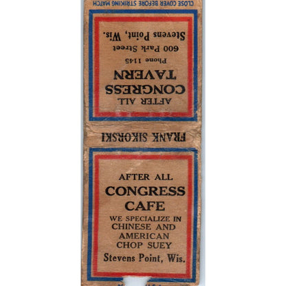 After All Congress Tavern Stevens Point WI Vintage Matchbook Cover SD2-Y12