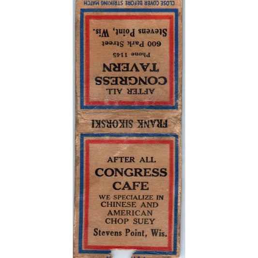 After All Congress Tavern Stevens Point WI Vintage Matchbook Cover SD2-Y12