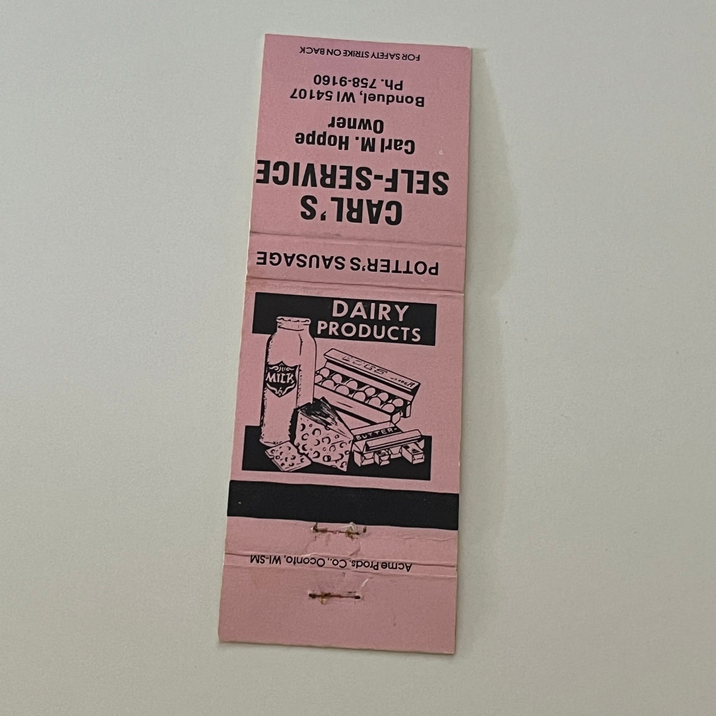 Carl's Self-Service Carl M Hoppe Potters Sausage Bonduel WI Matchbook MM5-9