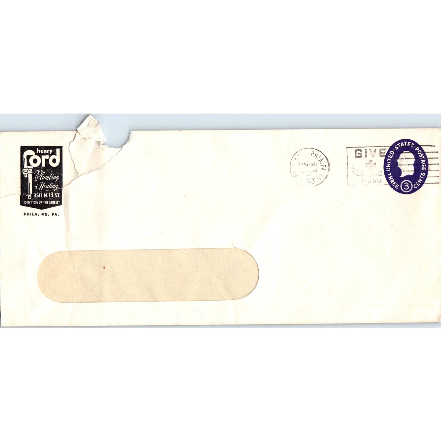 1953 Henry Ford Plumbing & Heating Philadelphia Postal Cover Envelope TH9-L2