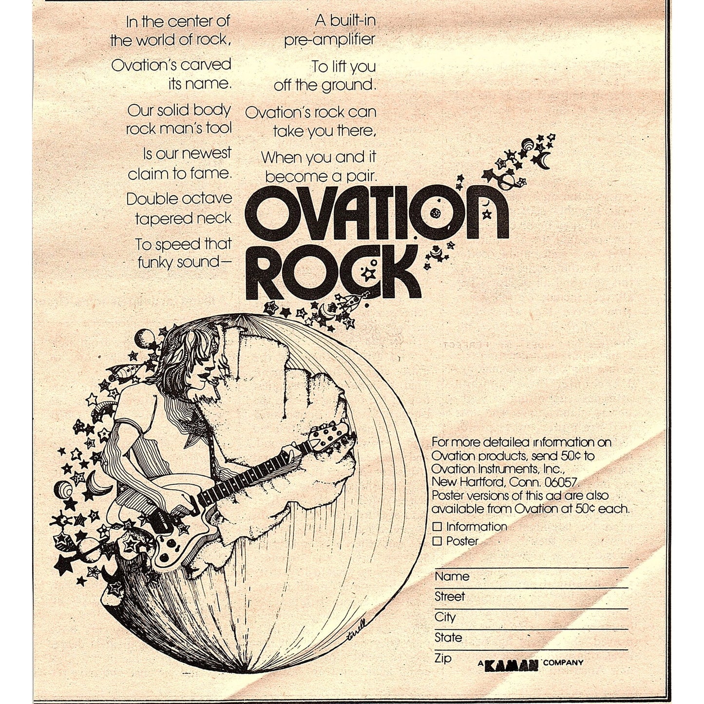 Ovation Rock Instruments Guitar Kaman New Hartford CT 6.5x6 1974 Ad AF6-18