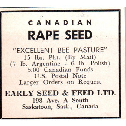 Canadian Rapeseed Early Seed & Feed Ltd Saskatoon Sask Canada 1961 Ad AB6-S12