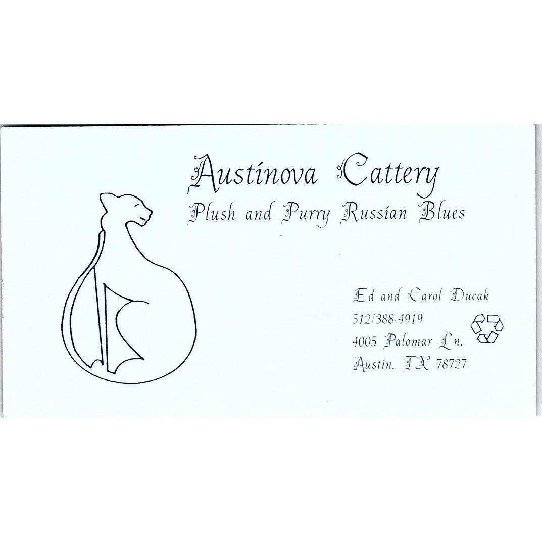Austinova Cattery Russian Blues Ed & Carol Ducak Austin TX Business Card SD9-B14