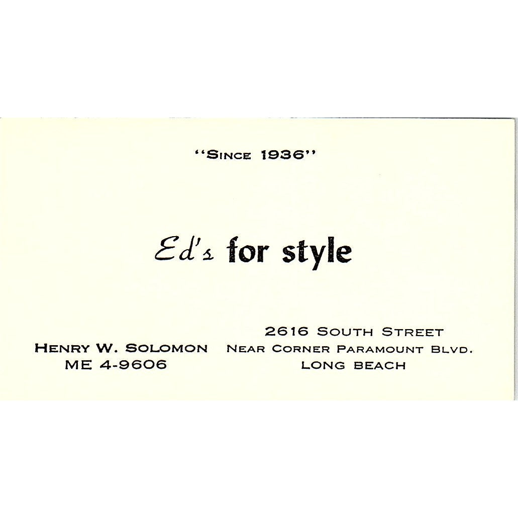 Henry W Solomon Ed's for Style Long Beach Vintage Business Card SD9-B11
