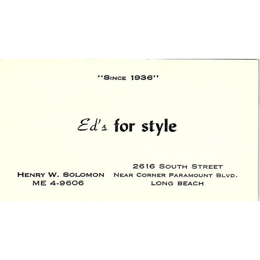 Henry W Solomon Ed's for Style Long Beach Vintage Business Card SD9-B11