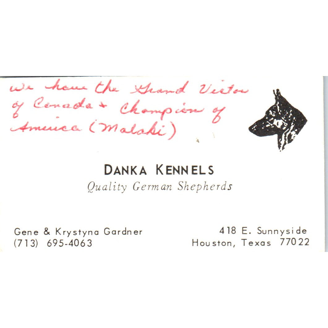 Danka Kennels German Shepherds Gene  Gardner Houston Vtg Business Card SD8-B15