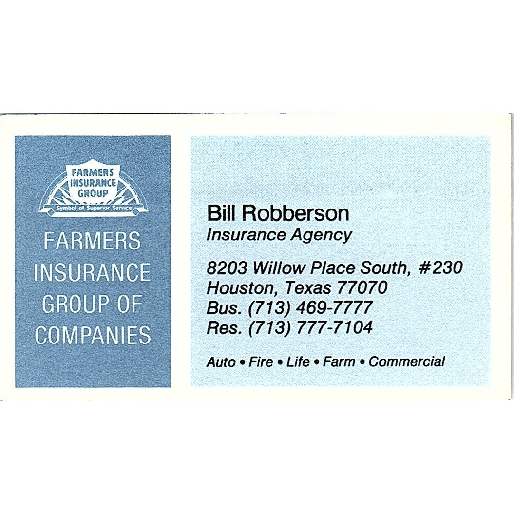 Farmers Insurance Group Bill Robberson Houston TX Vintage Business Card SB4-B7