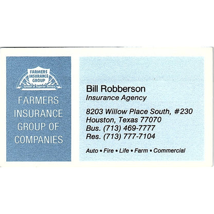 Farmers Insurance Group Bill Robberson Houston TX Vintage Business Card SB4-B7