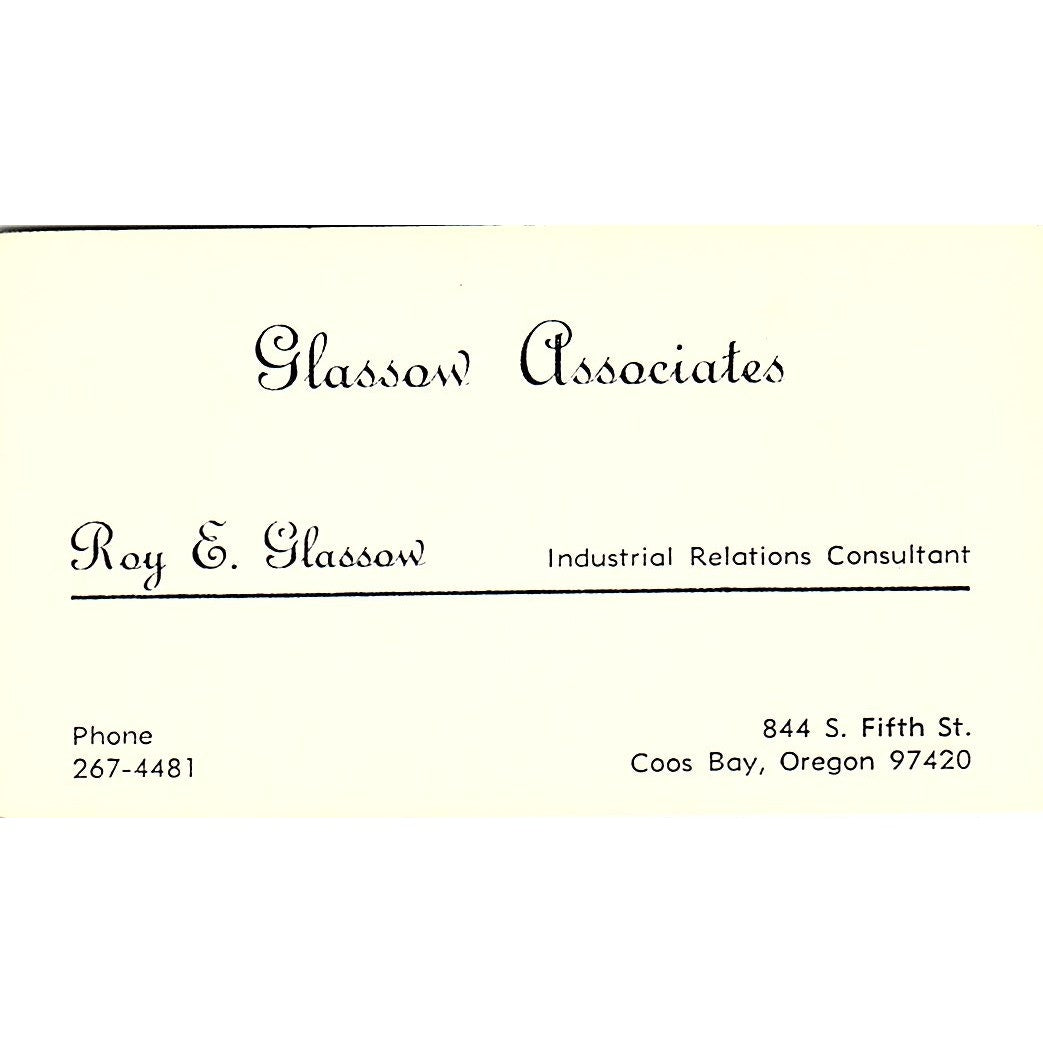 Glassow Associates Roy E. Glassow Coos Bay Oregon Vintage Business Card SB4-B2