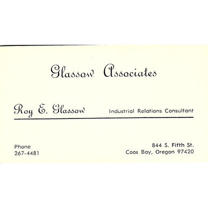 Glassow Associates Roy E. Glassow Coos Bay Oregon Vintage Business Card SB4-B2