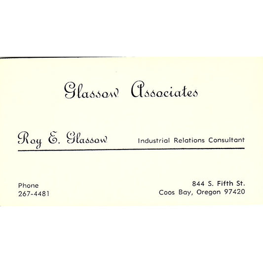 Glassow Associates Roy E. Glassow Coos Bay Oregon Vintage Business Card SB4-B2
