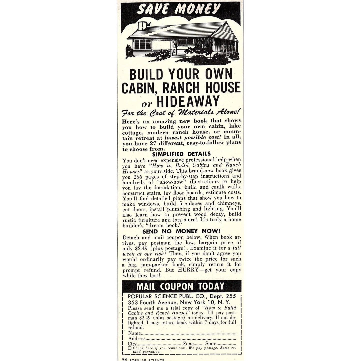 Build Your Own Cabin, Ranch House Popular Science Pub Co 1955 Ad AG1-7