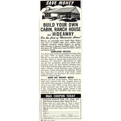 Build Your Own Cabin, Ranch House Popular Science Pub Co 1955 Ad AG1-7
