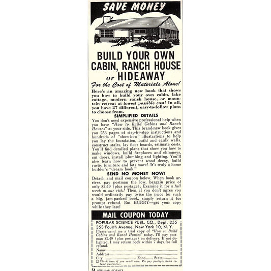 Build Your Own Cabin, Ranch House Popular Science Pub Co 1955 Ad AG1-7