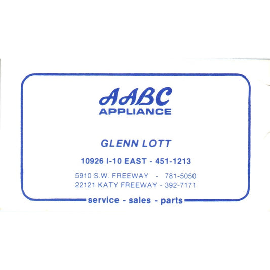 AABC Appliance Glenn Lott Houston TX Vintage Business Card SD8-B13