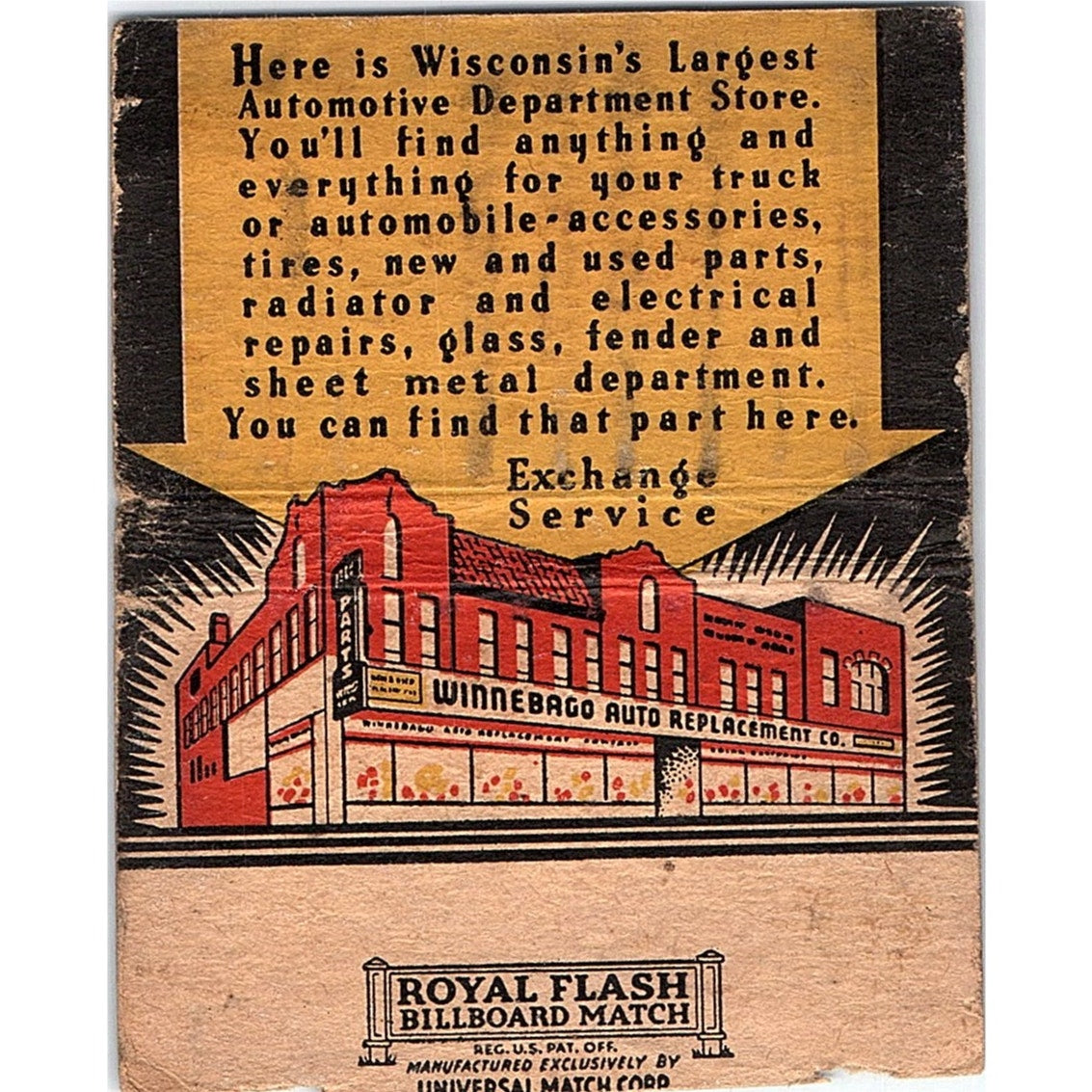 Winnebago Auto Replacement Co Wisconsin Vintage Large Matchbook Cover TH2-Y2