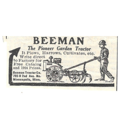 Beeman Pioneer Garden Tractor Beeman Tractor Co Minneapolis MN 1924 Ad AG3-S3