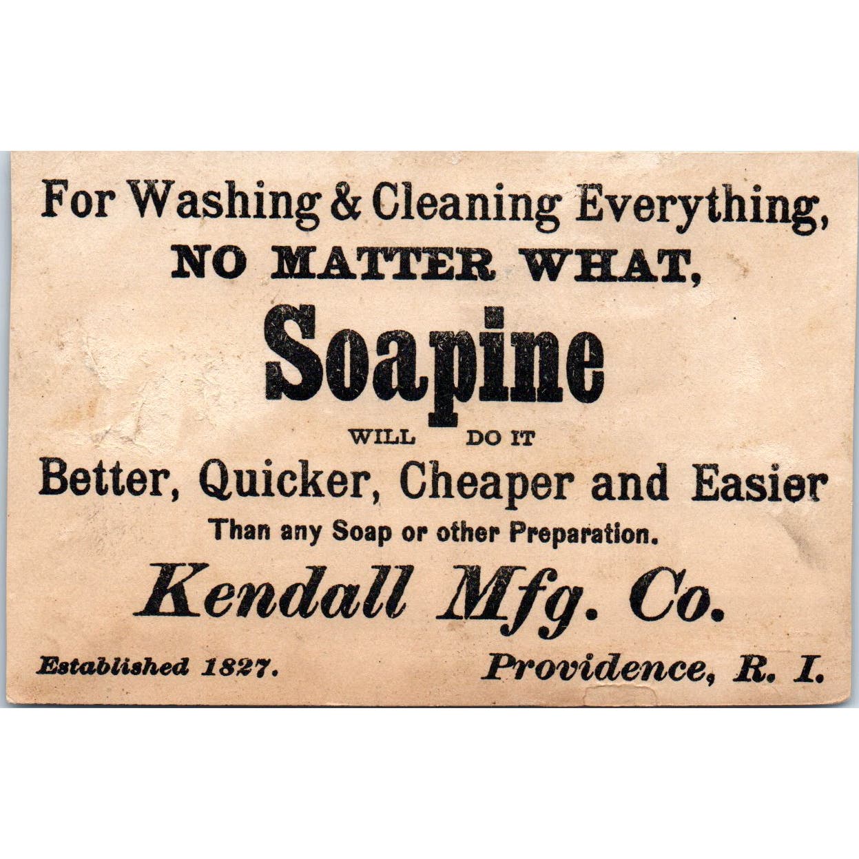 Kendall Mfg Co. Providence RI Soapine c1880 Victorian Trade Card AE5