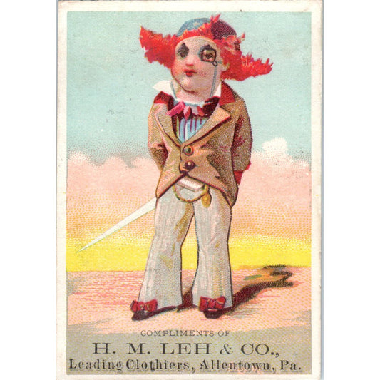 H.M. Leh & Co Clothiers Allentown PA Clown Boy c1880 Victorian Trade Card AE7