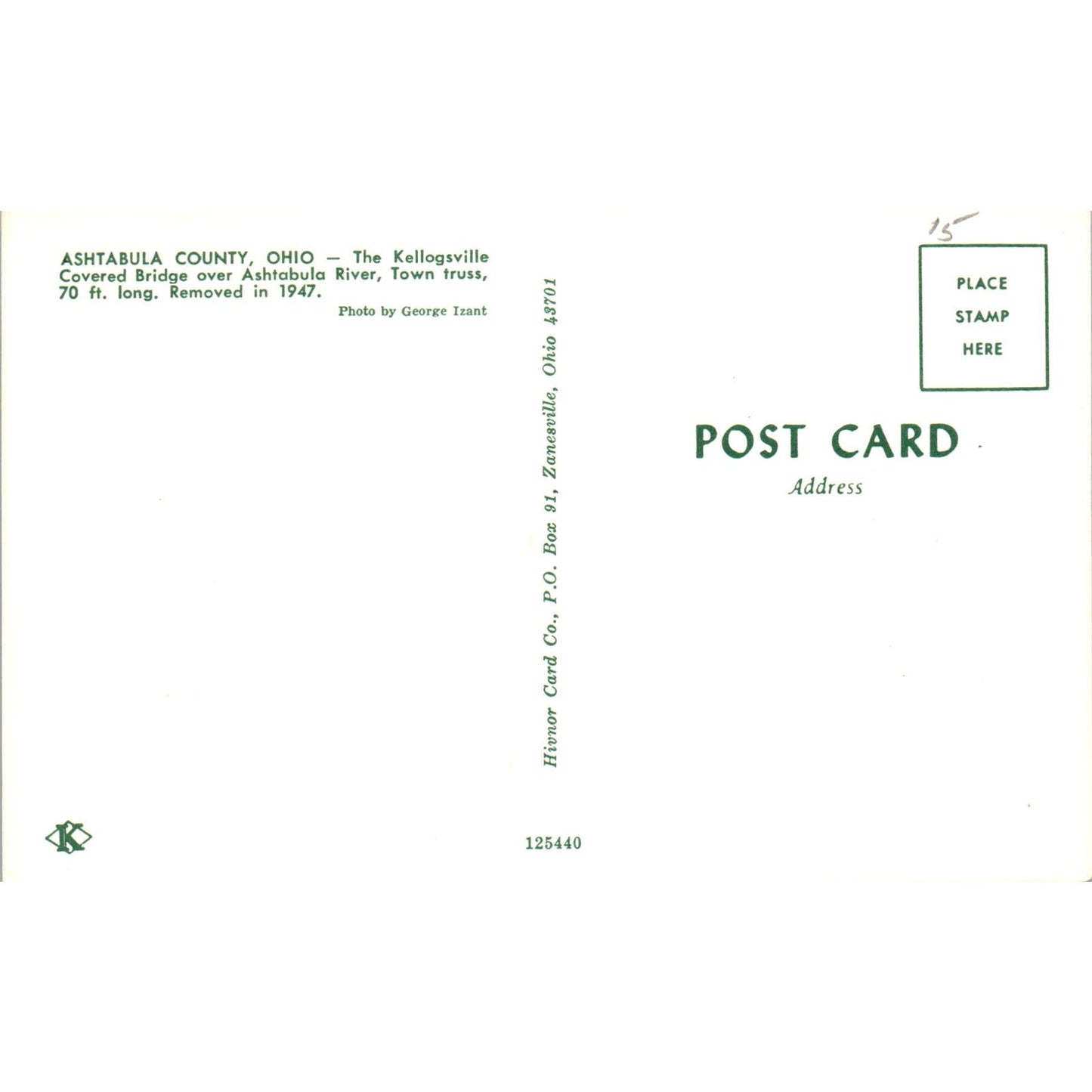 Kelloggsville Bridge Ashtabula River Ohio Covered Bridge Postcard PC2