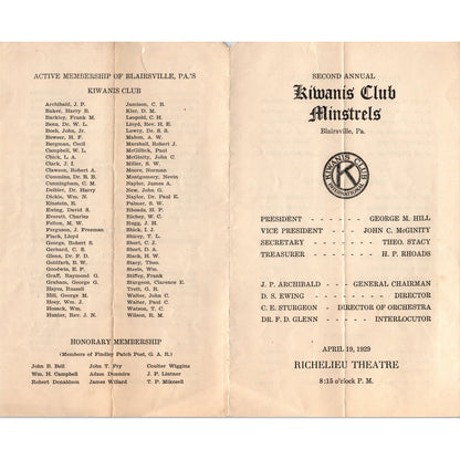 1929 Kiwanis Club Minstrels Blairsville PA Richelieu Theatre Program AD8-R5