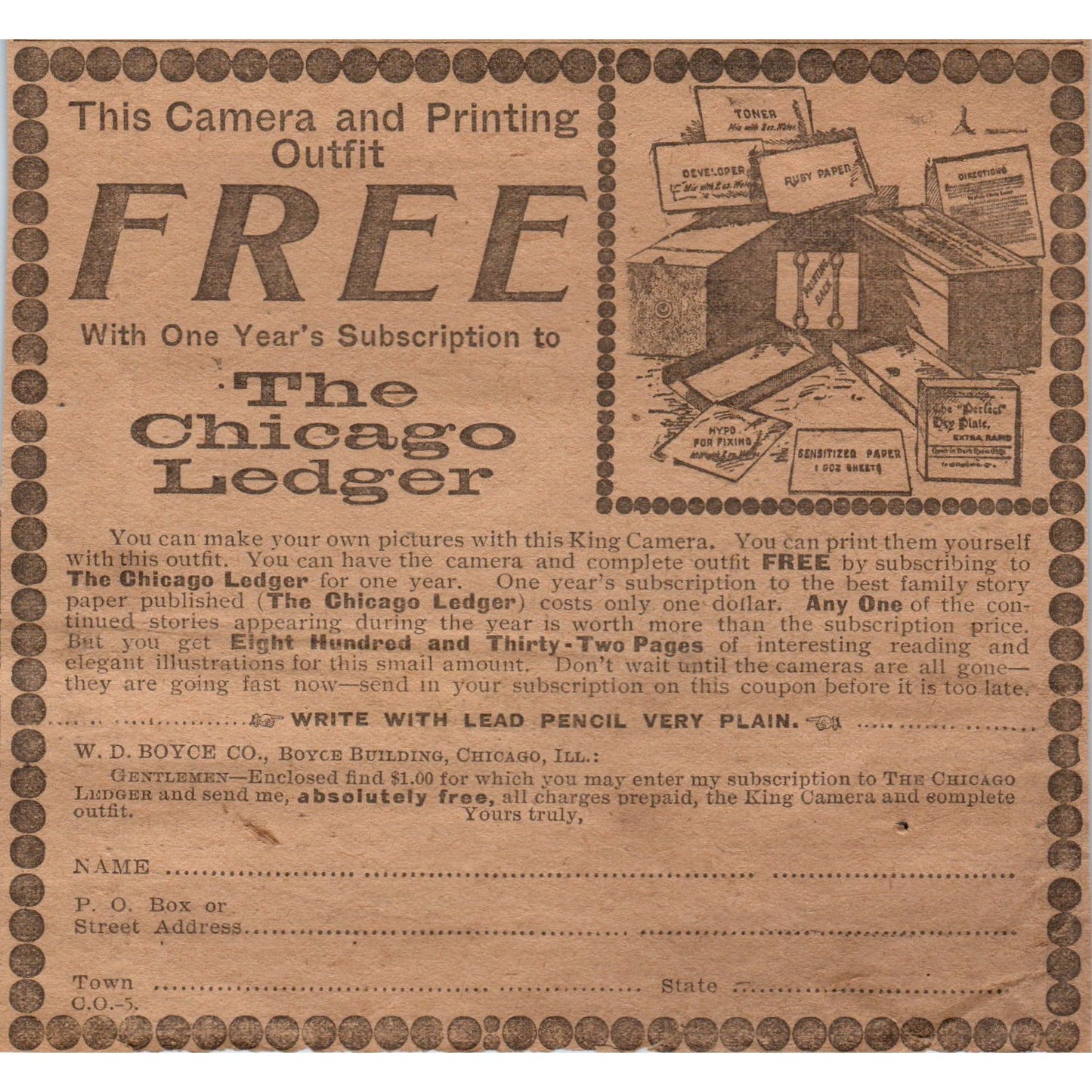 Chicago Ledger Camera and Printing Outfit Giveaway 1906 Original Ad AB6-CL1
