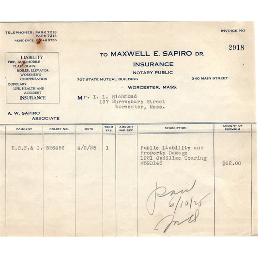 Maxwell E. Sapiro Ins Worcester 1925 Original Billhead Letterhead Receipt D8