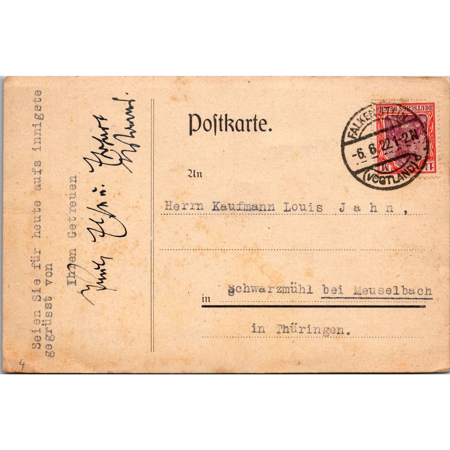 Kaufmann Louis Jahn Thüringen Falkenstein 1922 German Reich Postcard TE2-GRQ