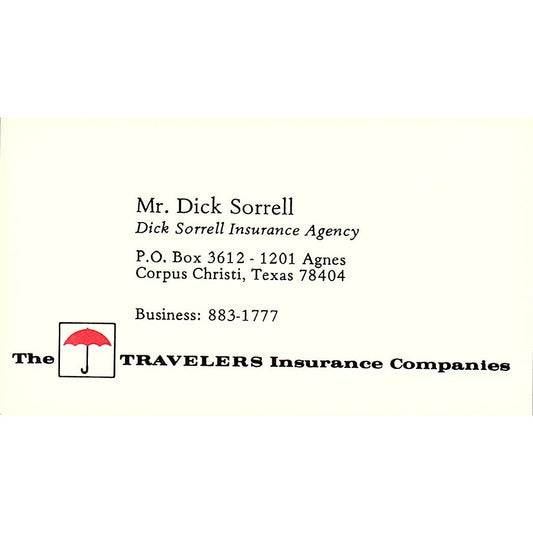 Dick Sorrell Travelers Ins Co Corpus Christi TX Vintage Business Card SD9-B12