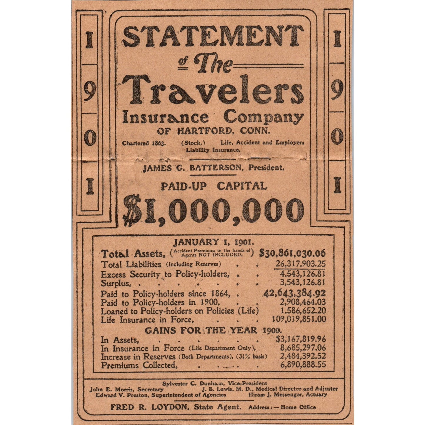 Travelers Ins Co Fred R. Loydon Hartford 1901 Newspaper Ad AD8-H2
