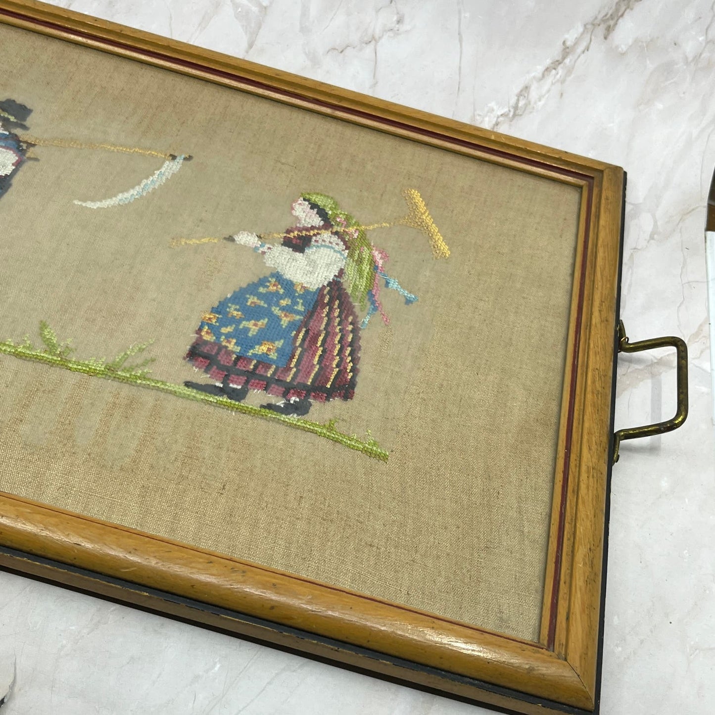 Vintage Framed Needlepoint Embroidery Wall Art Husband & Wife Farmers 13x20”