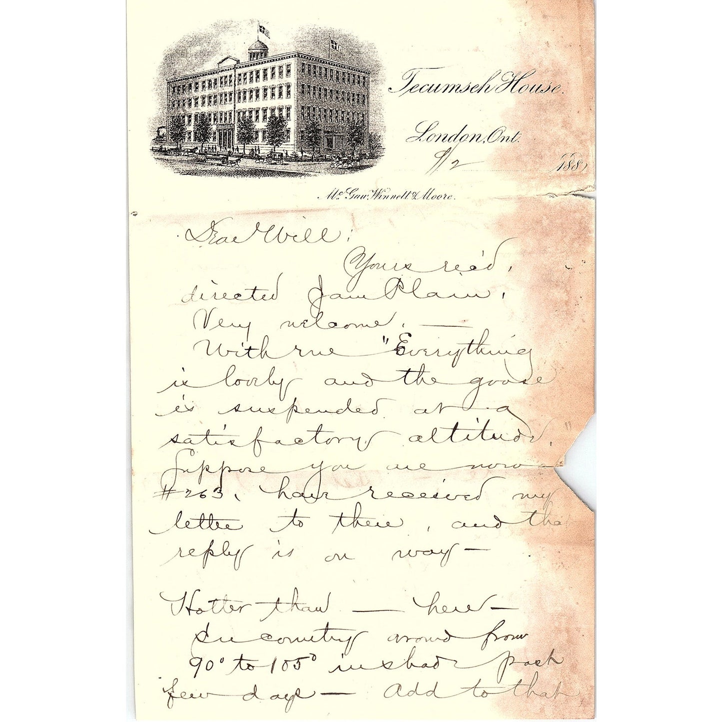 1881 Letterhead Tecumseh House London Ont McGaw, Winnett & Moore AF3-17