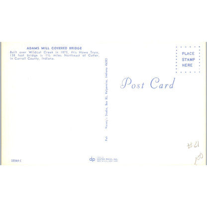 Adams Mill Bridge Cutler Carroll County IN Vintage Covered Bridge Postcard PC16